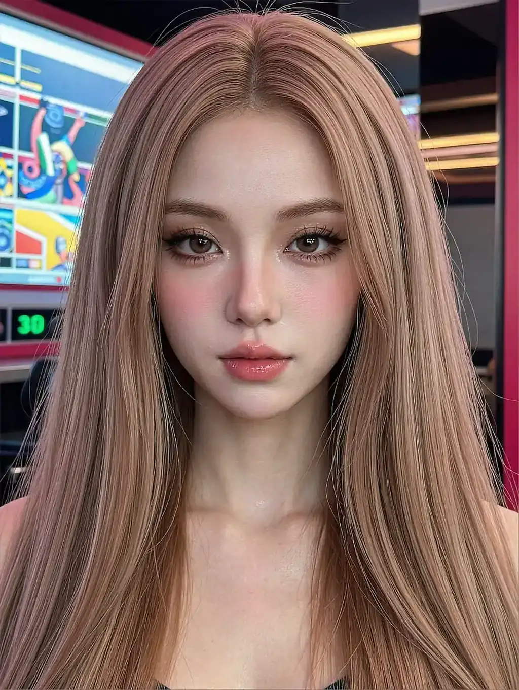 Fictional AI character with long rose-blonde hair in front of bright arcade screens