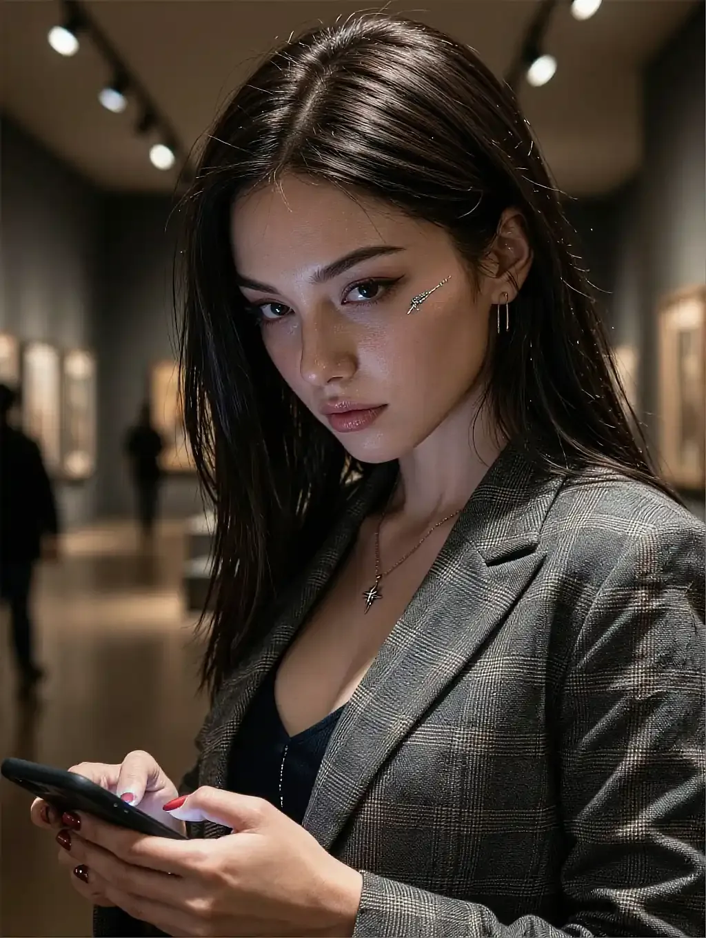Fictional AI character in a grey blazer looking at her phone in a gallery corridor