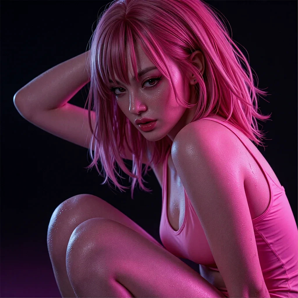Fictional AI character with pink hair reclining under pink light
